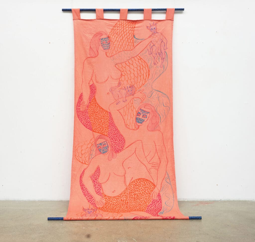 Fighting with my Demons_300cm x 143cm_dye paste, dyed cotton, thread, wood, spray paint, pen