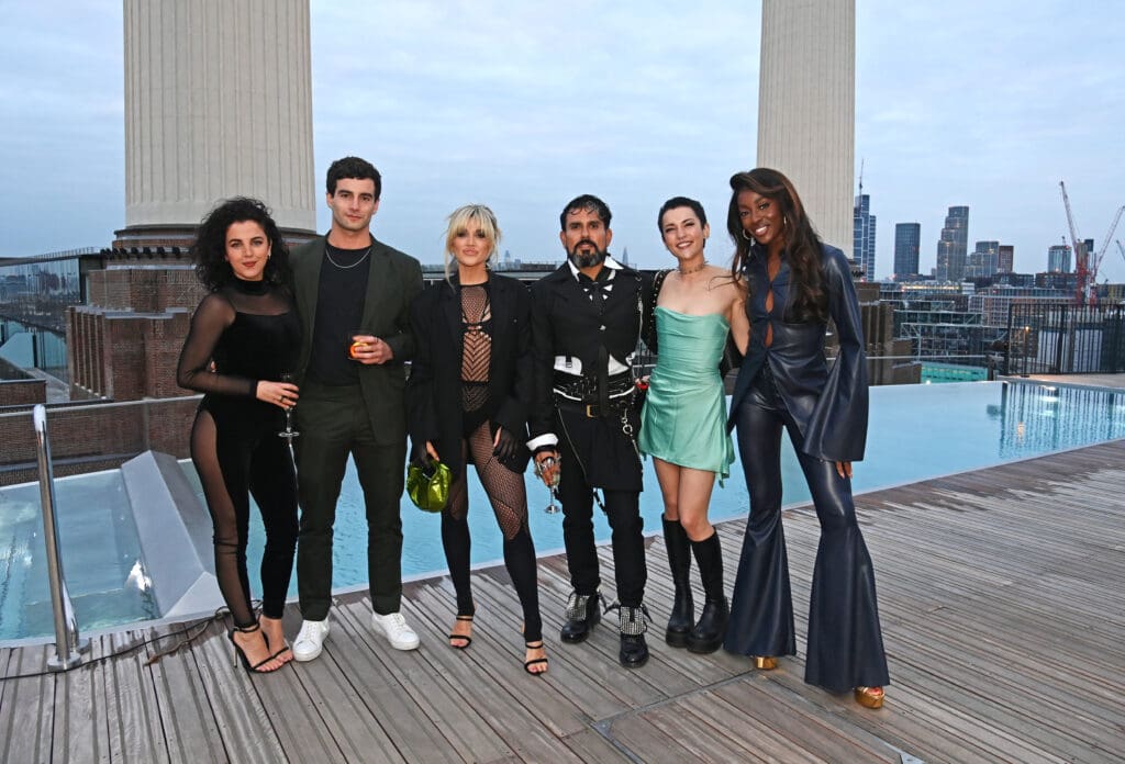 APRIL 26: (L to R) Jamie-Lee O'Donnell, Louis Boyer, Ashley Roberts, Azim Majid, Jessie Mei Li and AJ Odudu attend the art'otel London Battersea Power Station launch event on April 26, 2023 in London, England.