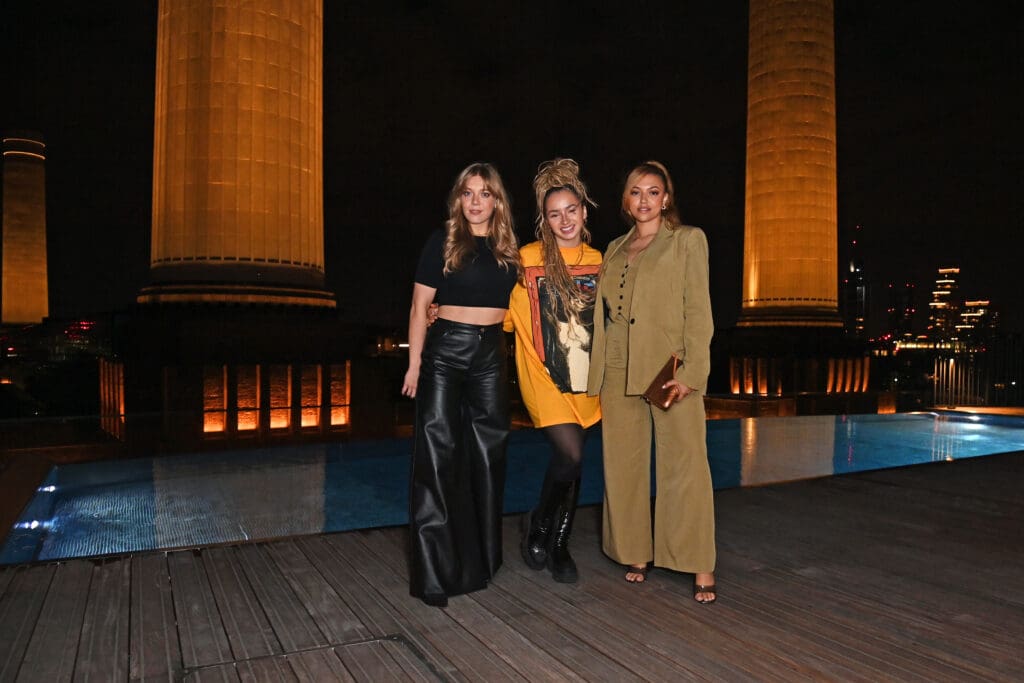 APRIL 26: (L to R) Becky Hill, Ella Eyre and Mahalia attend the art'otel London Battersea Power Station launch event on April 26, 2023 in London, England.